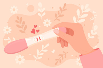 Vector cartoon image of pregnancy confirmation in girl's hands. Desired pregnancy. Pregnancy test. Element for your design