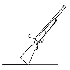 Vector line art of a standing hunting rifle leaning on the ground, minimal firearm illustration