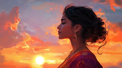 A South Asian woman, gazing out over a sunset, her face full of calm and reflection as the colors fill the sky.