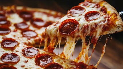A slice of pepperoni pizza, hot from the oven, with crispy crust and bubbling cheese.