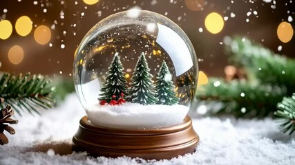 Festive snow globe with three Christmas trees and red berries set on fake snow with blurred golden bokeh lights backdrop - Powered by Adobe