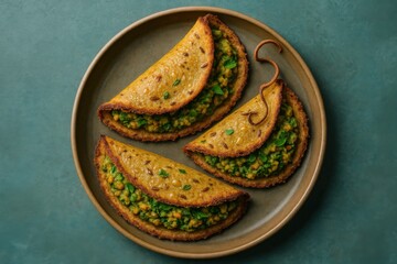 Millet Wrap Halves with Fennel Fiber Crust and Green Herb Filling on Plate

