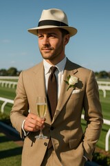 A stylish gentleman stands at a racecourse, holding a champagne glass. He wears a tan suit, white shirt, and fedora hat