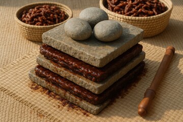 Tamarind Press Stack with Flat Stones and Dry Fruit Layers on Woven Mat Background

