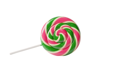 Vibrant close up of a swirl lollipop with pink green and white colors isolated on black background
