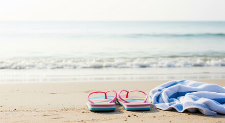 Light background, flip flops on the sand by the sea, beach towel, casual style of beach holiday and summer vacation
