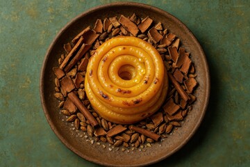 Tapioca Coil Stack on Ceramic Plate with Cracked Spices and Fire-Roasted Appearance

