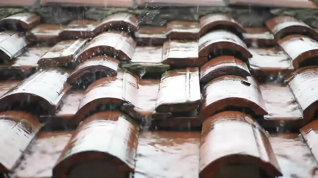 Rainy Tiles: Captured a close-up shot of raindrops cascading onto a red-tiled roof, showcasing the texture and patterns formed by the elements in a stunning display of nature's artistry.