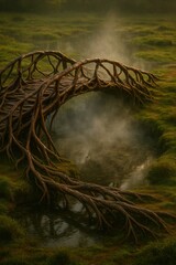 Root Bridge Arch Floating Above Vapored Sinkhole in Mossy Marsh Landscape

