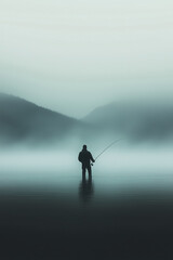 Silhouette of a Fly Fisherman Standing in a Misty River Morning