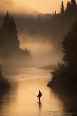 Fly Fisherman Standing in a Misty River at Sunrise