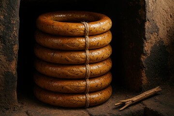 Cooling Ring Tower Bound with Husk Rope Stored in Clay Kiln Recess beside Sticks

