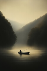 Silhouetted Fisherman Fly Fishing on a Misty River Surrounded by Forested Hills