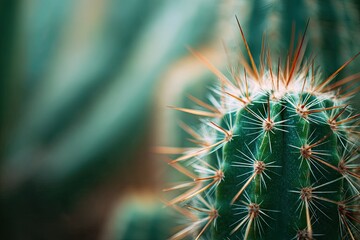 Close-up of a vibrant green cactus with numerous sharp, golden-tipped spines against a blurred green background
