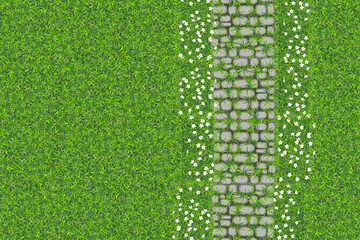 Top view of a vector image of a grey stone path overgrown with grass among lush green grass and white wildflowers. Landscape design. Park. Nature. Outdoor. View from above. Spring and summer. Aerial