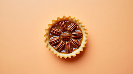 A mini pecan tart on a peach background.