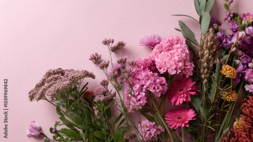 Poster romantic flat lay of pink flowers with varied blooms on soft pink background creating aesthetic flor