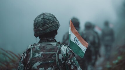 Indian soldier in camouflage uniform with national flag draped, misty mountain setting.