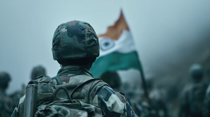 Indian soldier in camouflage uniform with national flag draped, misty mountain setting.