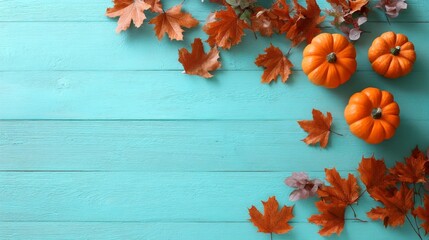 Topdown autumn scene with small pumpkins and orange maple leaves on a turquoise wooden table featuring a centered blank space for seasonal text