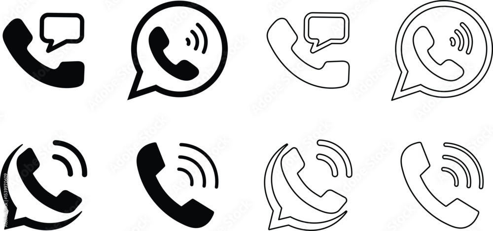 Poster vector set of call icons with speech bubbles and sound waves in various styles