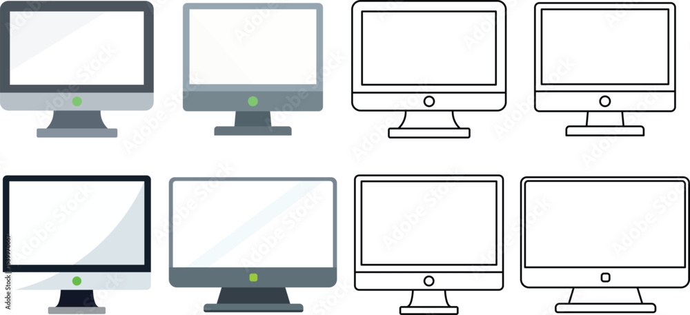 Poster collection of flat design computer monitors in different styles for digital technology concepts.