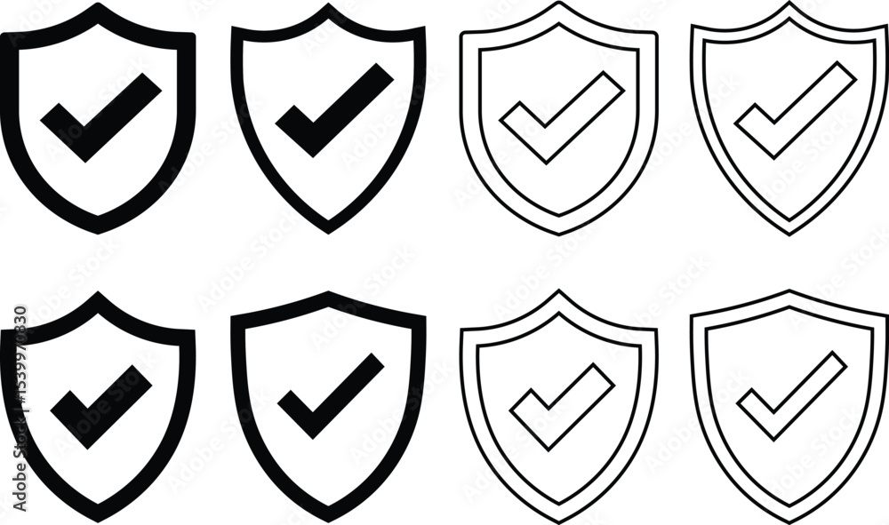 Poster security and protection symbols showcasing shields with check marks representing approval and verifi