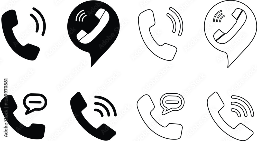 Poster set of eight vector illustrations depicting telephone icons in various styles and communication conc
