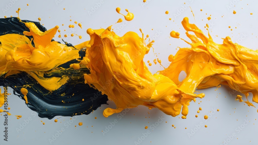 Aufkleber Dynamic topdown shot of vibrant yellow and matte black paint splashes on white surface with bold abstract composition and ample space for text