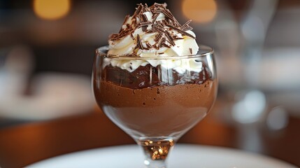 A rich chocolate mousse served in a glass, topped with whipped cream and shaved chocolate.