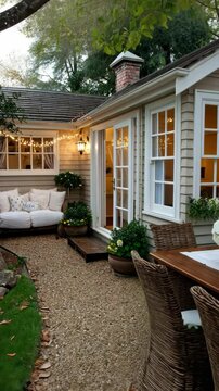 Cozy outdoor dining area with rich greenery and elegant decor in a charming backyard setting during the evening