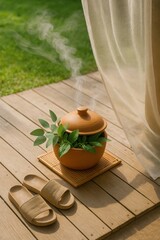 Herbal Steam Pot with Leaves on Wooden Deck beside Sandals and Flowing Curtain

