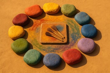 Color Stone Ring on Yellow Sand with Brush Trio and Dyed Center Slab for Mixing

