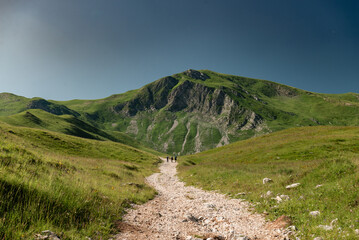 Hikers walking on gravel path towards mountain peak on sunny summer day