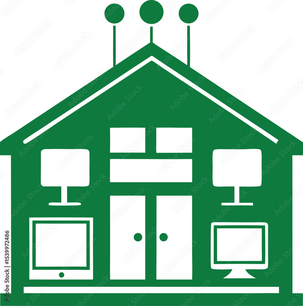 Poster green building with computer screens symbolizing artificial intelligence and brain