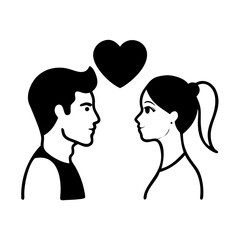 Couple Love Silhouette Icon – Man and Woman Face to Face with Heart – Romantic Relationship Vector, Dating Concept, Lovers Symbol Illustration