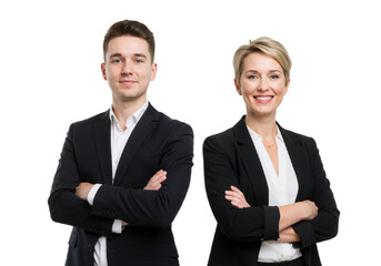 Confident Professionals in Suits with Crossed Arms, Smiling Against White Background
