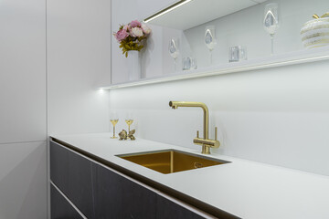 design of modern built-in kitchen is light in color. sink and faucet are golden in hue. Built-in...