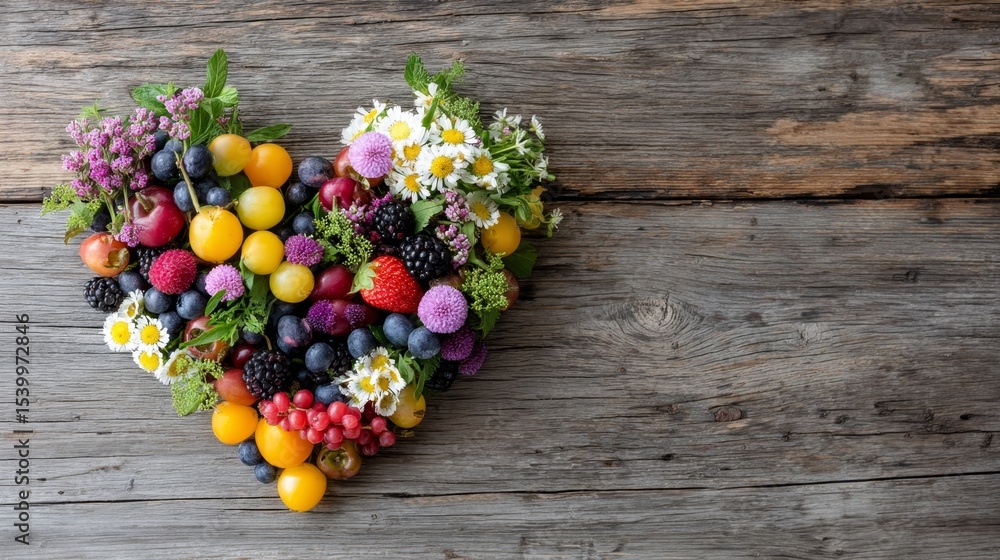 Poster heartshaped arrangement of colorful fresh berries and greens on rustic wooden table symbolizing heal