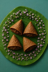 Rice Wrap Cones Arranged on Banana Leaf with Violet Bloom Ring

