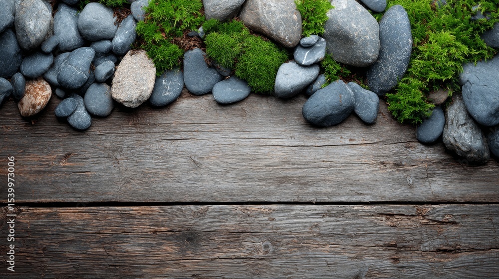 Poster tranquil spainspired scene with smooth river rocks and soft moss on textured wooden surface for well