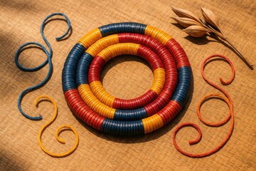 Triple Thread Coil Ring in Red Yellow Blue Layers with Spiral Strings and Dry Pods

