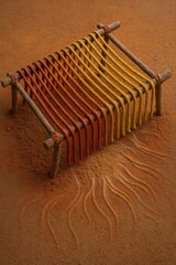 Color-Twined Cords in Rack Displayed on Sandy Base with Wave Imprint Strokes

