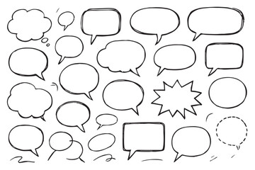 Fototapeta premium Collection of black outline speech bubbles, thought clouds, and explosion shapes with diverse styles, ideal for creative design, comics, and illustrations