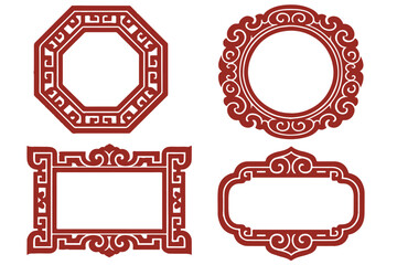 Set of traditional crimson Chinese frames with intricate geometric patterns and ornate details, ideal for decorative design and cultural projects