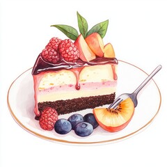Watercolor slice of layered cake with fruit