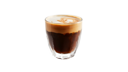 Coffee served in a glass against a white backdrop. It's toned and has a selective focus.