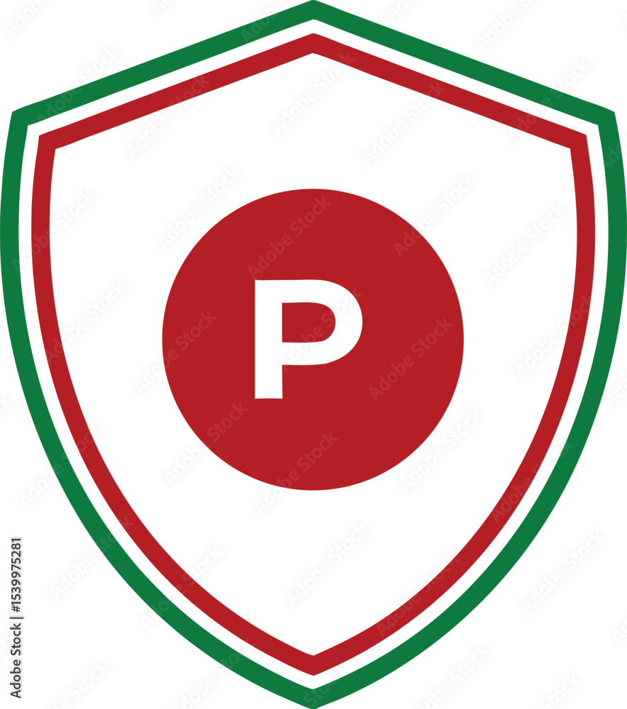 Poster shield emblem displaying a red circle with letter p suitable for logo design
