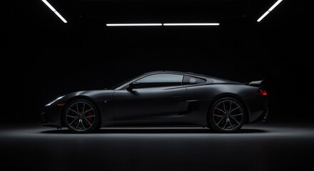 Sleek black sports car profile, illuminated by stark overhead lighting in a dark studio.