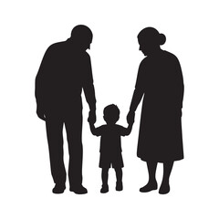 Vector silhouette of grandparents holding hands with their grandchild. A touching family moment symbolizing love, care, and generational connection on a white background. Isolated design.